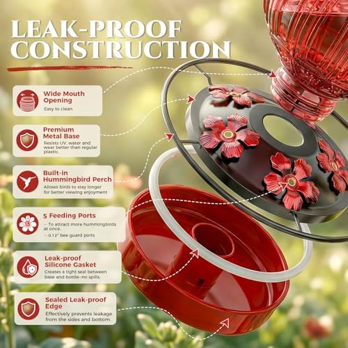 2PC Glass Hummingbird Feeder for Outdoor Hanging, 26 oz Bird Nectar Feeder