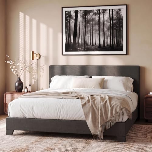 Allewie Queen Size Upholstered Bed Frame Adjustable Headboard, Dark Grey