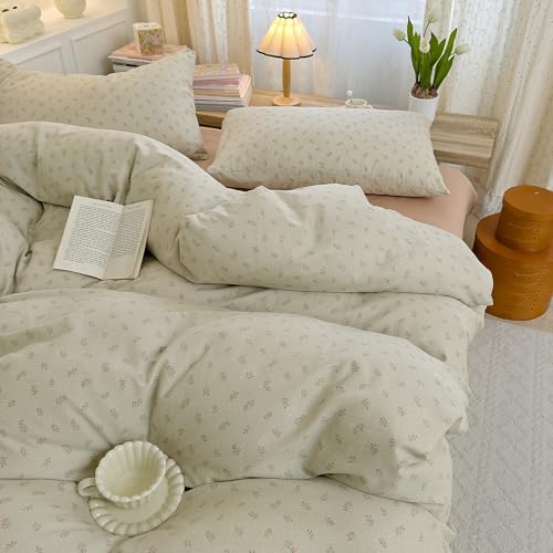 LifeTB Green Floral Duvet Cover Set Twin XL, Soft Cotton Gauze Duvet Cover with 2 Pillowcases, Vintage Botanical Floral Muslin Bedding Set, Aesthetic Flower Cottagecore Comforter Cover Twin XL