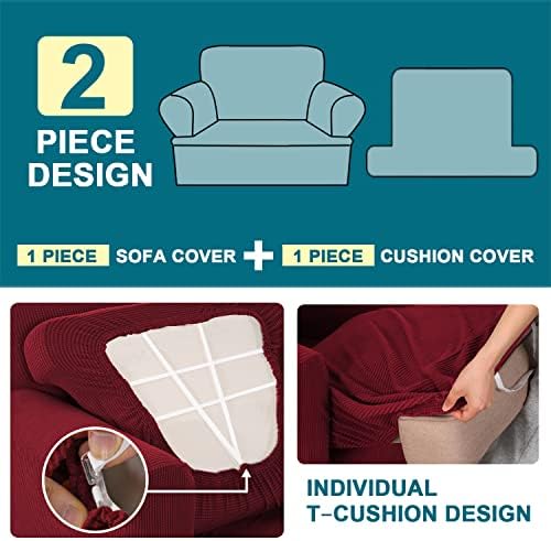 Turquoize T Cushion Chair Slipcover Armchair Slipcover for Living Room Stretch Sofa Couch Cover Soft Armchair Cover Furniture Covers with Individual T Cushion Seat Covers (Chair, Burgundy)