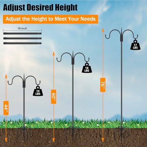 FEED GARDEN Heavy Duty Shepherds Hook 2 Pack 76" Double Hooks Adjustable (44/60/76") - Metal 5-Prong Base, 17lb Capacity - Easy Assembly Bird Feeder Pole for Hanging Planters, Lanterns, Wind Chimes