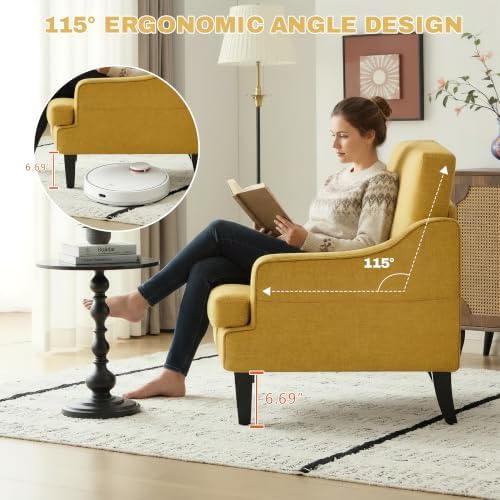 Set of 2 Accent Chair for Living Room,Mid-Century Arm Chair Chenille Fabric Living Room Chairs,Upholstered Reading Chair for Bedroom,Single Sofa Chair with Wood Legs for Apartment (Yellow)