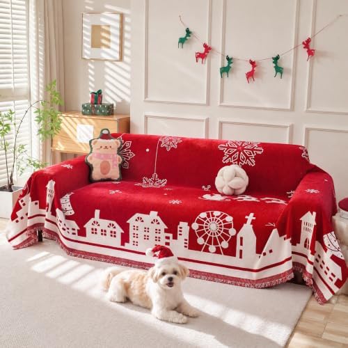 MEETSKY Christmas Couch Covers for 3 Cushion Couch Sofa, Washable Sofa Slipcover Chenille Red Couch Protector Covers for Sectional Sofa Fit for 3 Seat, Thick Soft Sofa Covers for Dogs, 71" x 134"