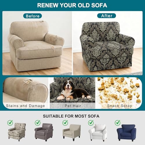 NILUOH 2-Piece T-Cushion Armchair Slipcover, Stretch Chair Cover with Separate Seat Cushion Cover, Soft Washable Furniture Protector for Living Room