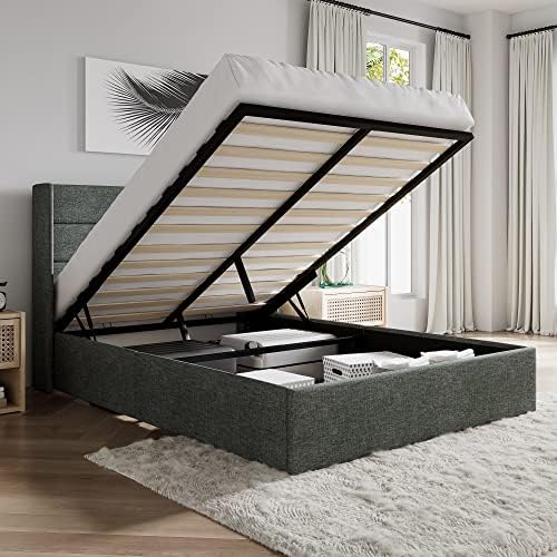 SHA CERLIN Queen Size Lift Up Hydraulic Storage Bed Frame Dark Grey