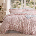 Bedsure Gingham Ruffle Duvet Cover Set, Queen Cotton-Like Quilt Cover, Pink
