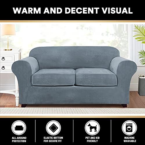 PrinceDeco Velvet Couch Cover Loveseat Covers for 2 Cushion Couch 3 Piece Sofa Covers for Dogs Washable Loveseat Covers Width Up to 72 Inch No Slip Stretch Sofa Slipcover(Medium, Stone Blue)