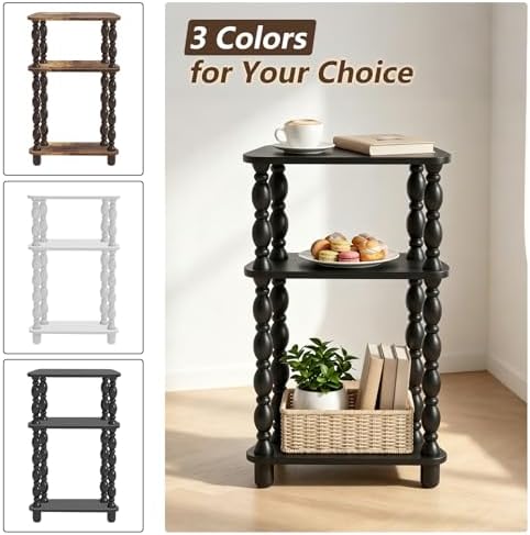 Narrow Side Table, Small End Table with 3 Tier Shelf, Retro Couch Side Table for Living Room, Vintage Farmhouse End Table, Bedroom Skinny Bedside Table Nightstand(Black)
