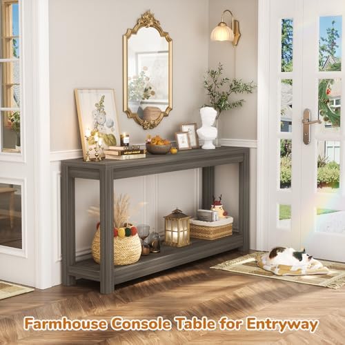 Besiost 47" Farmhouse Wood Entryway Table Narrow Console Table with Storage Behind Couch Sofa Table with Shelves Entry Way Table with Open Storage, Easy Assembly, Grey Walnut