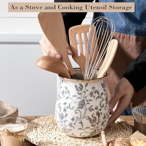 Utensil Holder for Kitchen Counter, Modern Farmhouse Cooking Utensil Holder and Crock Home Kitchen Decor, Ceramic Utensil Organizer for Spatula, Ladle, Eggbeater, Rolling Pin- Gray Flower Patterns