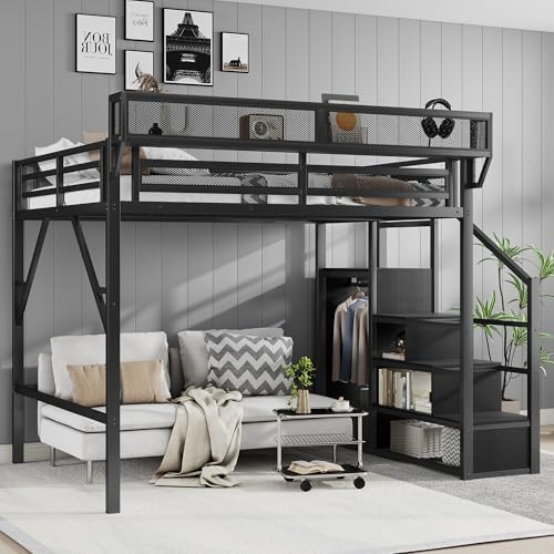 Queen Size Metal Loft Bed with Storage Stairs & Open Wardrobe, Black
