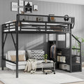 Queen Size Metal Loft Bed with Storage Stairs & Open Wardrobe, Black