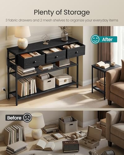 SONGMICS Console Table with Power Outlets and LED Lights, 3 Fabric Drawers