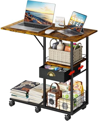Rolling Coffee Table with Oversized Double-Wide Wood Top, Mobile Tv Tray with Storage Drawer and Wheels for Sofa, Portable Side Table for Living Room, Home Office, Spacious Desk for Working Studying