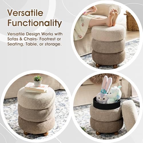 Glitzhome Round Ottoman with Storage Set of 2 Vanity Stool Foot Rest with Removable Lid Modern Upholstered Velvet Storage Ottoman Stool for Living Room and Dorm, Gradient Brown