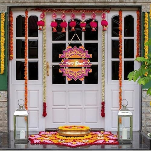 LHIUEM Happy Diwali Wooden Signs Indian Festival of Lights Door Hanging Decor Set of 3(4”X11”) Indian Wreath Garland,Dewalee Wood Wall Hanging,Diya Lotus Door Hanger Diwali Party Decor for Home Porch