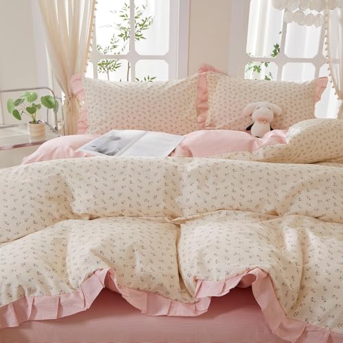 Romantic Pink Floral Duvet Cover Set Queen, 100% Cotton Ruffle Lace Bedding Set, Coquette Botanical Flower Comforter Cover with 2 Pillowcases, Soft Aesthetic Princess Bedding for Women Teen Girls