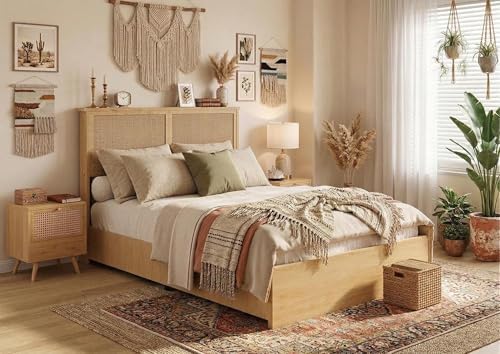 coucheta Bohemian Full Rattan Bed LED Natural Headboard Bedroom