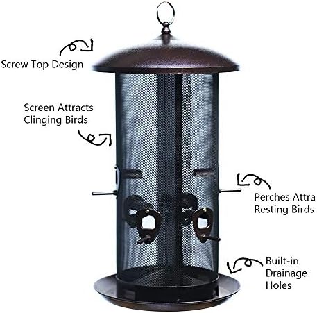 Nature's Rhythm Metal Hopper Bird Feeder Two Chambers，Heavy Duty Mesh Metal Dual Seed Compartments Outdoor Hanging Wild Bird Feeder with 10 Feeding Ports,10lbs Seed Capacity