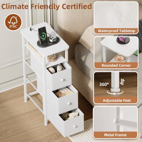 Somdot Narrow End Table with Charging Station, Side Table, 3 Drawers