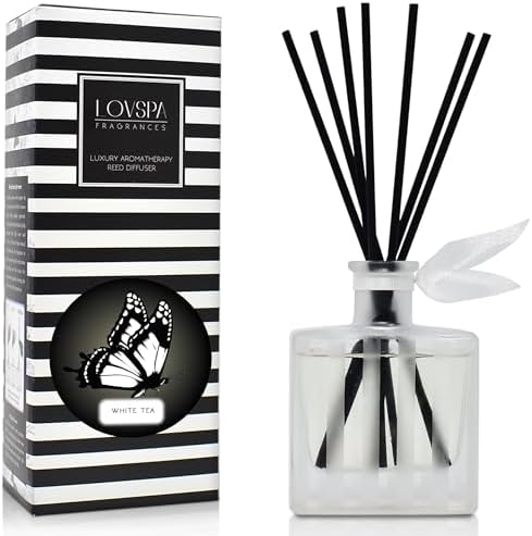 Reed Diffuser Set, White Tea Scented Oil Diffuser with Sticks, Home Fragrance Accessories for Bathroom Shelf Decor, Aroma Diffusers for Home or Office Desk, USA Made