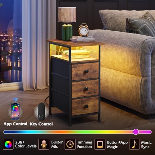 WLIVE Night Stand with Charging Station, End Table with 3 Fabric Drawers