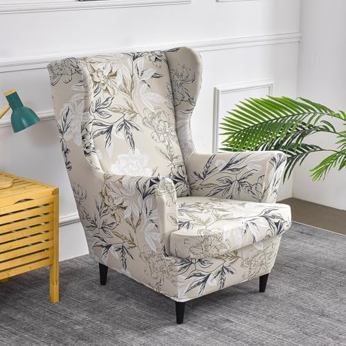 HAOYONG Wing Chair Slipcovers Printed Wingback Chair Covers 2 Pieces Wingback Armchair Slipcover Stretch Chair Slip Covers Washable Armchair Protector Cover for Living Room and Bedroom