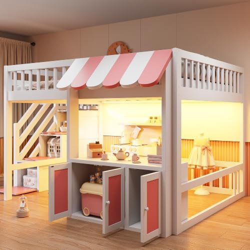 LUMISOL Full Size Loft Bed with Storage Steps and Under Bed Cabinets, Playhouse Loft Bed Frame with LED Light, White+Pink