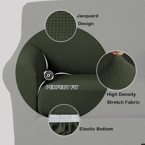 Turquoize Stretch Sofa Slipcover 2 Pieces Sofa Cover Couch Cover for 3 Cushion Couch Washable Furniture Protector Covers with Elastic Bottom Feature Thick Jacquard Fabric (Sofa, Olive)