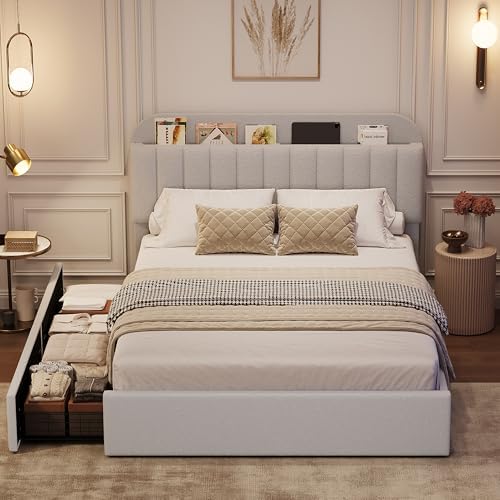 GarveeHome Queen Bed Frame, Platform Bed with Storage Headboard & Drawers