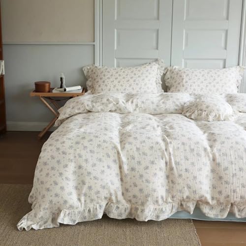 Farmhouse Blue Floral Duvet Cover Queen with Ruffles, Freesia Print