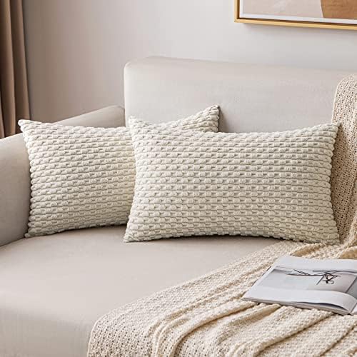 MIULEE Lumbar Decorative Throw Pillow Covers 12x20 Cream White Corduroy