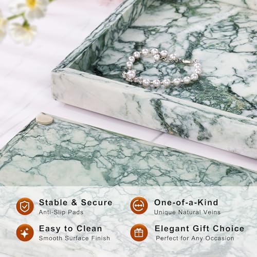 Marble Bathroom Tray for Countertop & Home Decor, Natural Decorative Marble Tray for Jewelry & Perfume Organizer, Luxury Stone Vanity Trays for Dresser, Kitchen Counter, 12" x 8", Jade Green