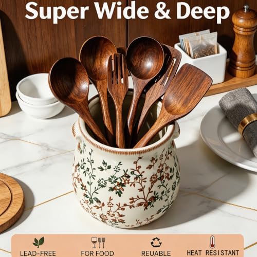 Rustic Ceramic Utensil Holder, Green Floral Farmhouse Counter Crock