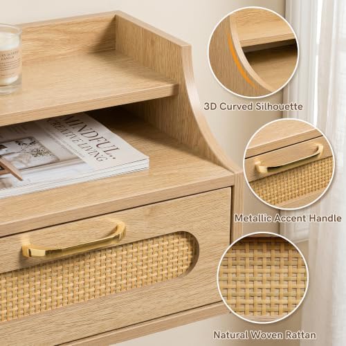 Afuly Floating Nightstand with Drawer Oak Rattan Bedside Table Wall Mounted