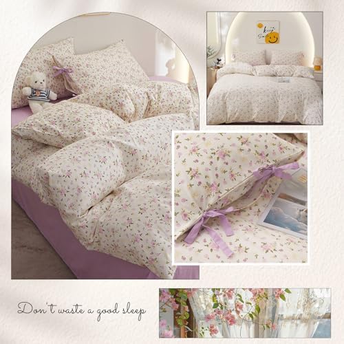 HighBuy Farmhouse Floral Duvet Cover Set Twin Lilac Flowers Bedding Set with Zipper Closure,100% Cotton Cooling Comforter Cover with 2 Bowknot Bow Tie Pillowcases for Hot Sleepers