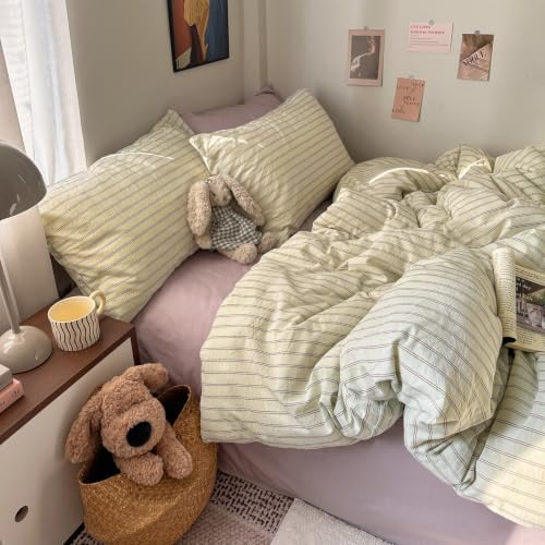 Vintage Striped Duvet Cover Queen Size 3Pcs Washed Cotton Retro Bedding Set