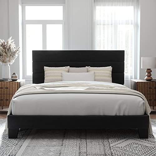 Allewie King Size Platform Bed Frame with Velvet Upholstered Headboard