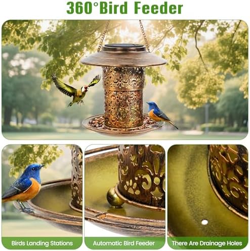 DY-SKTY Metal Bird Feeder for Outdoor Hanging, Large Capacity Solar light Wild Bird Feeder with Drainage Holes,Landing Ring, Solar Lanterns for Garden Decoration, Unique Bird Watching Gift for Outside