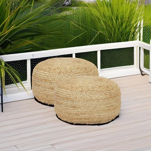 · REDEARTH · Jute Circular Low Pouf - Pouffe Foot Stool - Natural, Set of 2