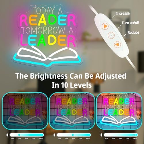 Today A Reader Tomorrow A Leader Neon Sign for Classroom Dimmable Classroom Led Sign Library Light Up Signs Reading Led Wall Decor for School Teacher