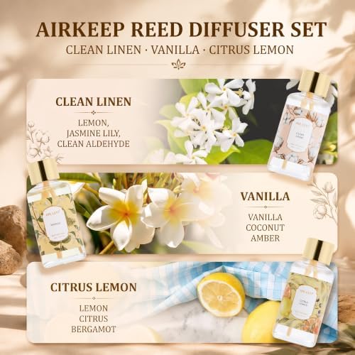 Airkeep Reed Diffuser Set, 3 Pack Clean Linen Vanilla Citrus Lemon Fragrance Oils for Home, Long Lasting Aroma with Reed Sticks for Bedroom, Bathroom, Living Room & Office