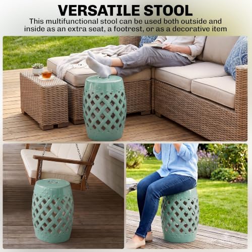 Outsunny 12.5" x 18" Ceramic Garden Stool Outdoor Stool Woven Lattice Green