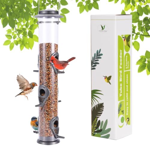 MIXXIDEA 1PK Metal Wild Bird Feeder,Squirrel Proof Bird Feeders for Outside,Hanging 6 Port Tube Bird Feeder Transparent Finch Bird Feeder for Attracting Birds in Your Lawn, Garden, Balcony-Gray