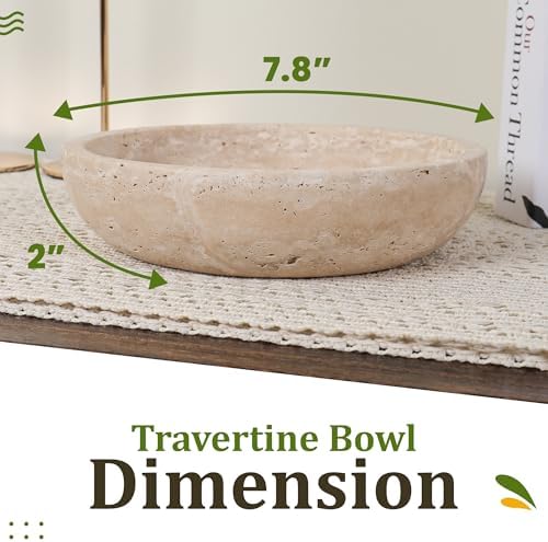FNTSTICGOODS Travertine Decorative Bowl - 7.8” Diameter & 2” Height - Key Bowl for Entryway Table - Travertine - Organic Modern Centerpiece - Beige/Natural