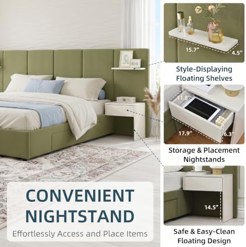 King Size Bed Frame with Storage & Built-in Nightstands & Drawers, Green