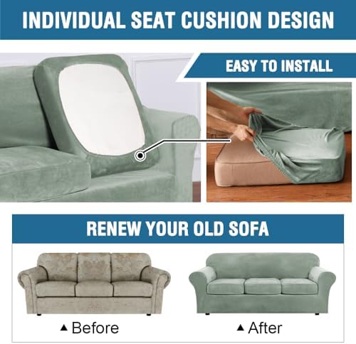 H.VERSAILTEX Rich Velvet Stretch 2 Piece Cover Chair Slipcover Sofa Cover Furniture Protector Couch Soft with Elastic Bottom Chair Couch Cover with Arms Width Up to 49 Inch(Chair, Sea Grass)