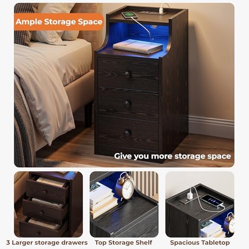 LIKIMIO Narrow Nightstand with Charging Station and LED Lights, Modern Night Stand, End Table with 3 Drawers, Open Shelf, Side Table for Living Room/Bedroom, Black