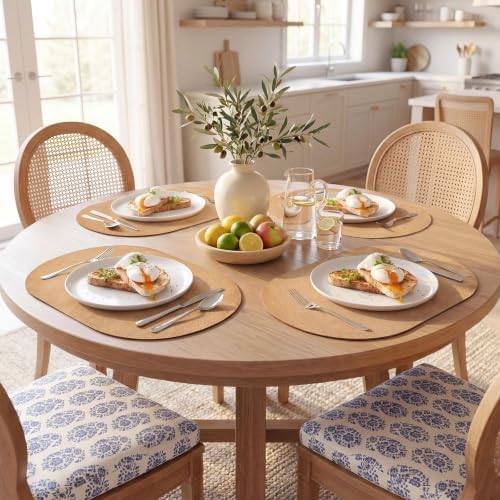 MOSAYT Vinyl Faux Leather Oval Placemats, Set of 4, Camel
