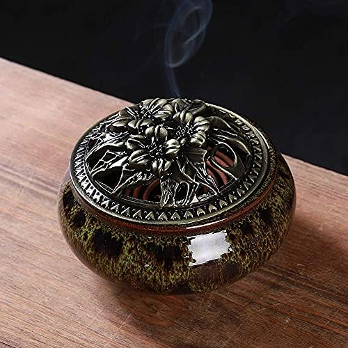 Incense Burner with Calabash Incense Stick Holder - Porcelain Charcoal Censer for Use with Resin Granular Powder Cone or Coil Incense (Fambe Green)